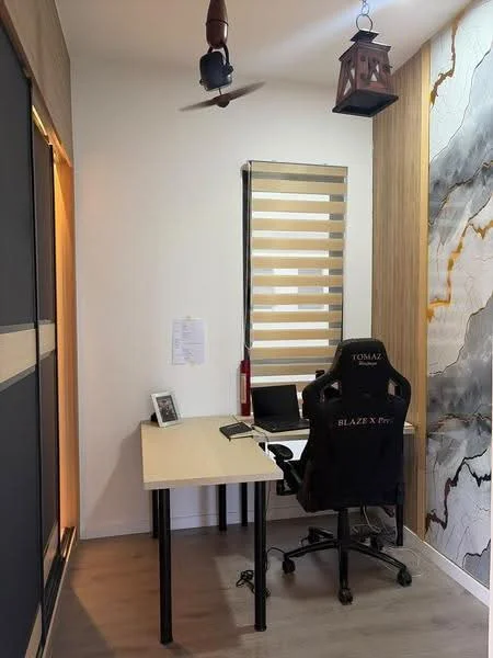 Study features: wooden flooring, white painted walls, feature wall with marble pattern, desk with light wood finish, black ergonomic office chair, ceiling fan with light, window with horizontal blinds, wall-mounted lantern, framed photo on desk, fire extinguisher, laptop on desk; style: modern.