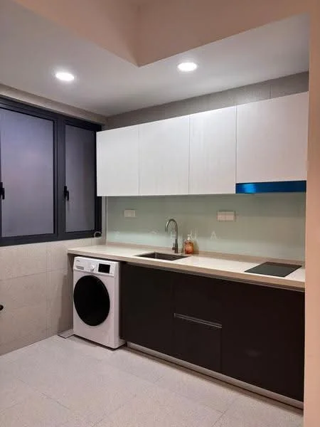 Kitchen features: white upper cabinets, dark lower cabinets, glass backsplash, single-bowl stainless-steel sink, chrome pull-down faucet, built-in induction hob, front-load washing machine, recessed LED downlights, grey tiled flooring, black framed windows; style: modern.