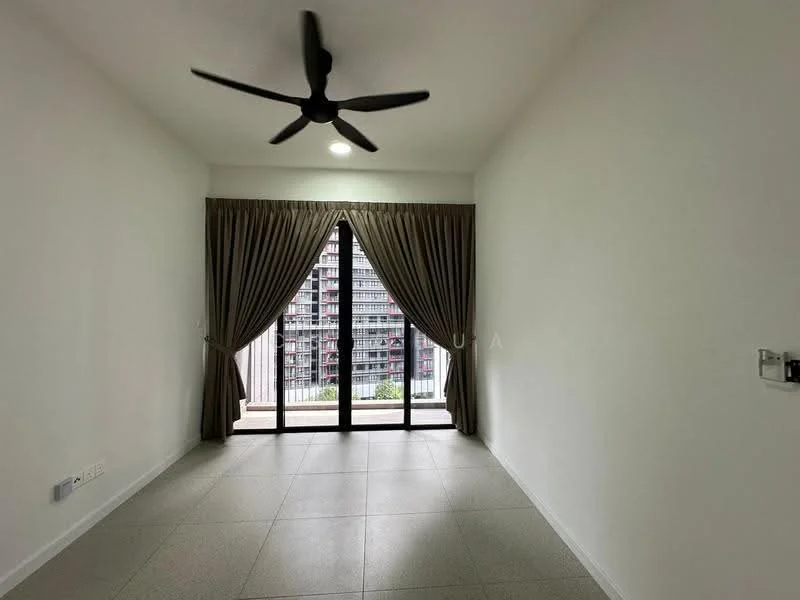 Living features: white painted walls, grey tiled flooring, 5-blade ceiling fan, floor-to-ceiling windows, curtains in beige, balcony access, natural light from windows, view of city skyline; style: modern; view: city.