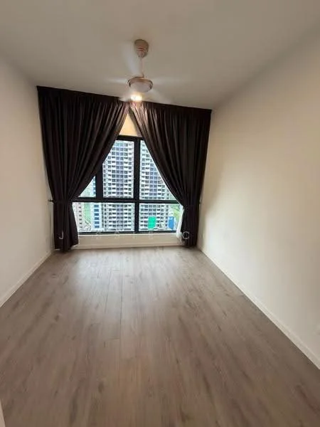 Bedroom features: light wood laminate flooring, white painted walls, floor-to-ceiling windows, blackout curtains, 5-blade ceiling fan with light, city view; style: modern; view: city.