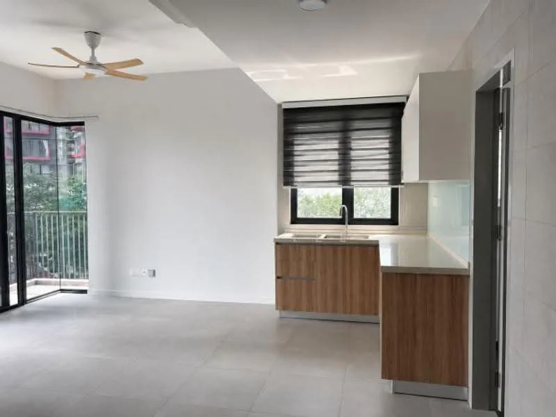 Kitchen features: white painted walls, grey tile flooring, 5-blade ceiling fan, kitchen cabinets with wood finish, white countertop, single-bowl stainless-steel sink, chrome pull-down faucet, sliding glass door leading to balcony, roller blinds on window; style: modern; view: garden.