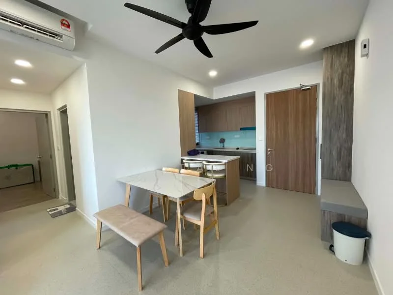Dining features: 4-seater dining table with marble top, wooden dining chairs, 5-blade ceiling fan with light, wall-mounted air conditioning unit, light grey flooring, white painted walls, kitchen area visible in background, open layout; style: modern. Kitchen features: wood cabinetry, blue backsplash, stainless-steel sink, built-in oven, freestanding range oven, refrigerator visible in background; style: modern. Room features: light grey flooring, white painted walls, doorway leading to another room.