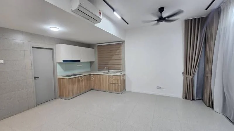 Kitchen features: light grey tiled walls, white cabinetry with wood accents, single-bowl stainless-steel sink, chrome pull-down faucet, built-in countertop with wood finish, recessed downlights, wall-mounted split AC, light-coloured flooring, curtains, ceiling fan; style: modern. Room features: light grey tiled walls, light-coloured flooring, curtains, ceiling fan.