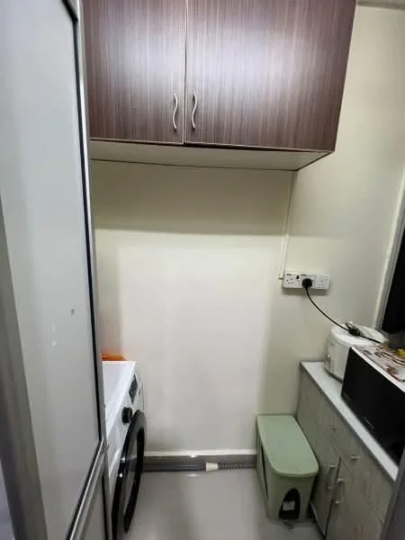 Laundry features: white front-load washing machine, black front-load dryer, wood cabinetry in dark brown, light grey walls, grey vinyl flooring, white countertop, green trash bin, microwave, small kitchen appliance, power outlet on wall; style: modern.