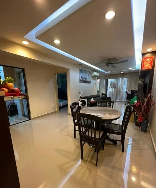Dining features: round dining table, 4 wooden dining chairs, white walls, recessed ceiling with LED lighting, polished tile flooring, ceiling fan, wall-mounted air conditioning unit, decorative wall art, large window with sheer curtains; style: modern. Living features: sofa set, coffee table, TV console, wall-mounted TV, curtains, decorative plants, open layout to dining area; style: modern. Room features: doorway leading to another room, unknown wall color, unknown flooring.