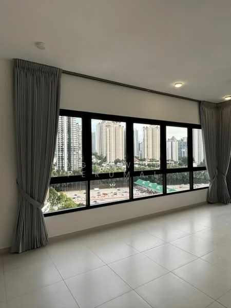 Room features: large floor-to-ceiling windows, grey curtains, neutral wall colour, tile flooring, recessed ceiling lights, city skyline view; style: modern; view: city.
