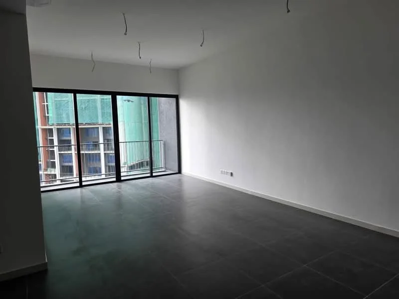 Living features: white painted walls, grey tile flooring, floor-to-ceiling windows, sliding glass door, balcony access, no visible ceiling fixtures, open layout, minimalist design; style: modern; view: city.