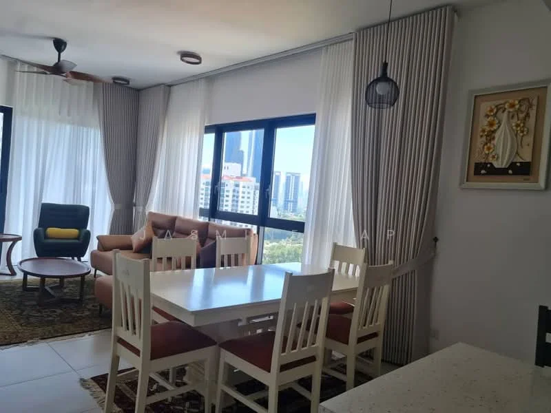 Dining features: 6-seater dining table, white wooden dining chairs, pendant light, area rug with geometric pattern, floor-to-ceiling windows, sheer curtains, city skyline view, wall-mounted artwork; style: modern; view: city. Living features: 3-seater fabric sofa in beige, accent chair in dark green, coffee table, floor-to-ceiling windows, sheer curtains, city skyline view; style: modern; view: city.