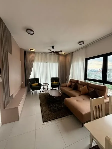 Living features: L-shape sectional sofa in beige, coffee table, area rug with geometric pattern, wall-mounted TV, 5-blade ceiling fan with light, floor-to-ceiling windows, sheer curtains, decorative wall paneling, light-colored walls, tile flooring; style: modern; view: city.