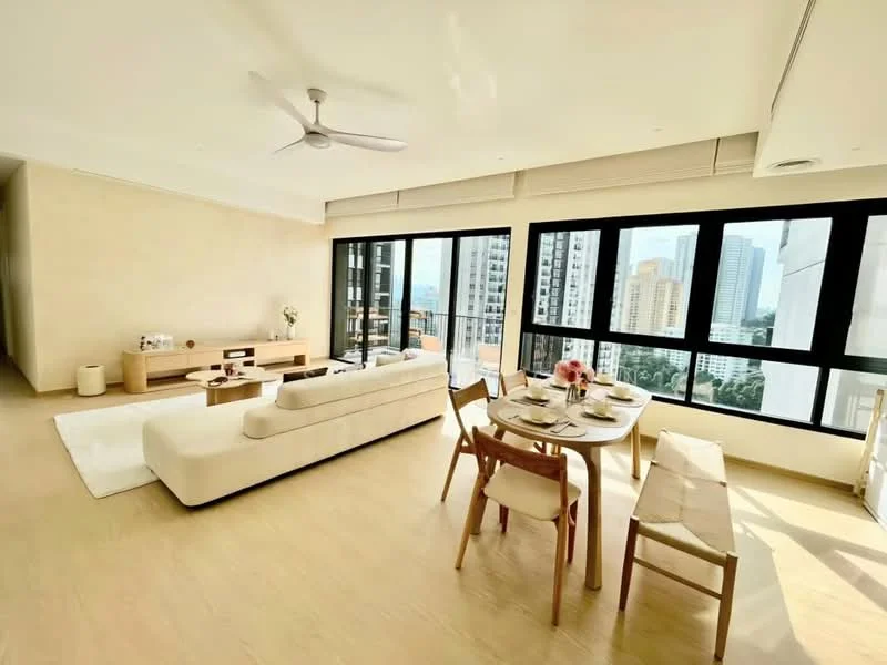 Living features: 5-blade ceiling fan with light, floor-to-ceiling windows, light wood flooring, cream-colored sofa, wooden coffee table, TV console, decorative vase, area rug, wall-mounted TV, dining table with chairs, bench seating; style: modern; view: city.