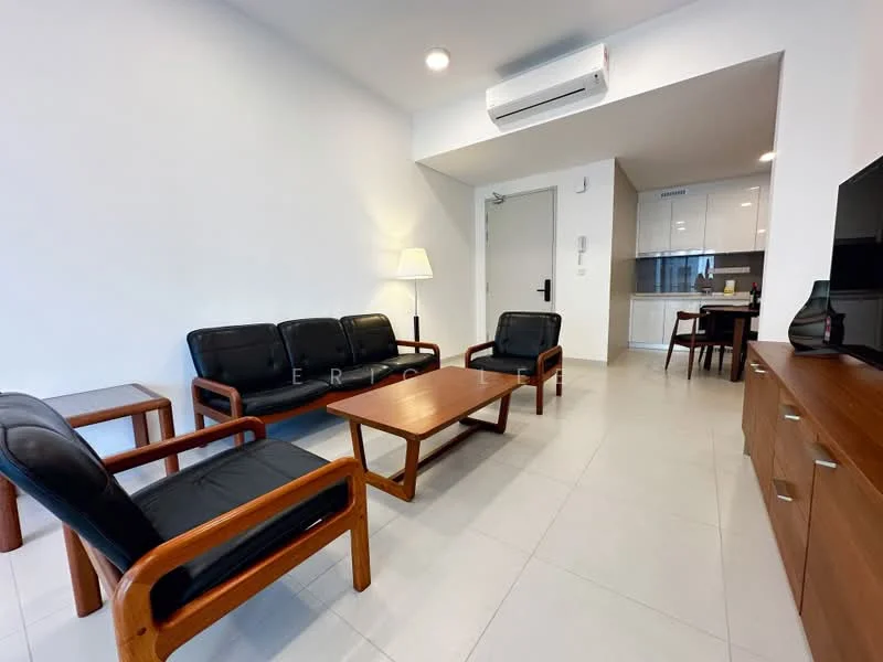 Living features: 3-seater leather sofa in black, 2-seater leather sofa in black, wooden coffee table, wooden side table, wall-mounted TV, TV console, recessed downlights, wall-mounted split AC, white painted walls, tile flooring; style: modern. Kitchen features: white cabinetry, stainless-steel appliances, open-plan layout, tile flooring; style: modern.