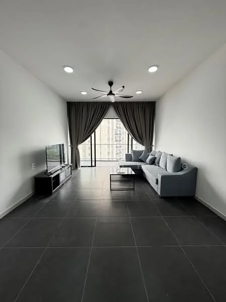 Living features: grey fabric sofa, coffee table with metal frame, wall-mounted TV, TV console, 5-blade ceiling fan with light, floor-to-ceiling windows, sliding glass door, dark tile flooring, curtains, recessed downlights, decorative wall, open layout; style: modern; view: city.