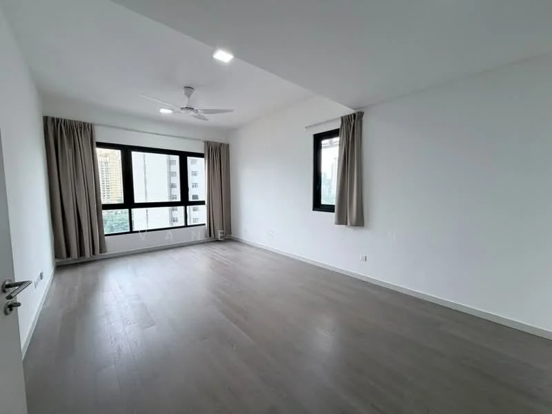 Living features: light grey laminate flooring, white painted walls, 5-blade ceiling fan with light, floor-to-ceiling windows, sheer curtains, natural light, neutral colour scheme, no visible furniture; style: modern; view: city.