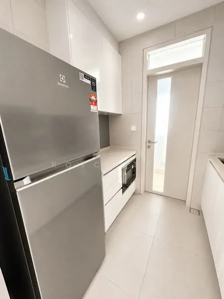 Kitchen features: stainless-steel fridge, built-in microwave, white cabinetry, grey countertop, white tiled backsplash, light grey floor tiles, single-bowl stainless-steel sink, chrome pull-down faucet, window for natural light, modern cabinet handles, open shelving; style: modern.
