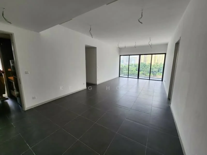 Room features: white painted walls, grey floor tiles, large floor-to-ceiling windows, sliding glass door, recessed ceiling lights, open layout, city view, no visible furniture; style: modern; view: city.