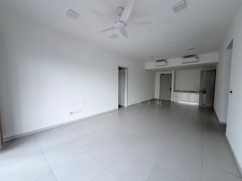 Room features: white painted walls, grey tiled flooring, 5-blade ceiling fan, 2 wall-mounted split ACs, recessed LED downlights, large windows, doorway leading to another room, open layout; style: modern.