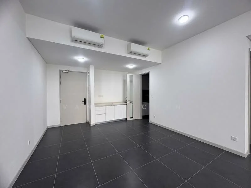 Room features: white painted walls, black tile flooring, 2 wall-mounted split ACs, recessed downlights, kitchenette with countertop, white cabinetry, door leading to bathroom, door leading to another room; style: modern.