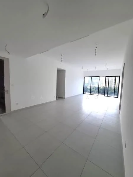 Room features: white painted walls, grey tiled flooring, floor-to-ceiling windows, sliding glass door, high ceiling, open layout, natural light, city view; style: modern; view: city.