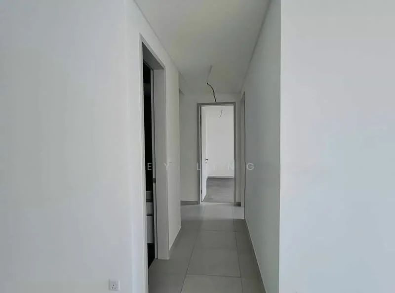 Hallway features: white painted walls, grey floor tiles, recessed ceiling lights, doorway leading to other rooms, open space layout; style: modern.