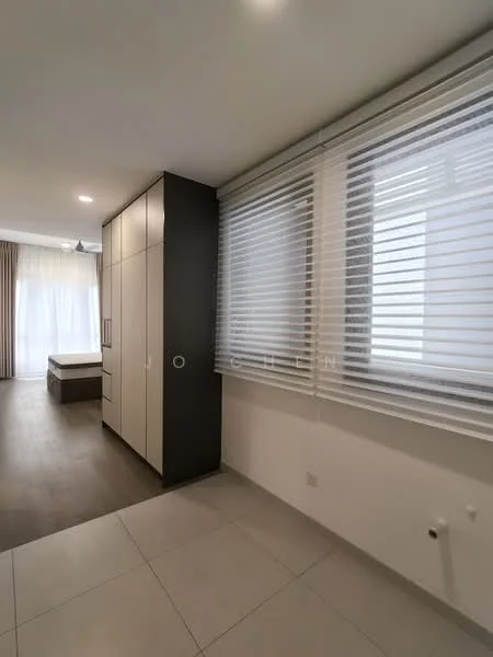 Room features: white walls, light wood flooring, large window with blinds, built-in wardrobe with two-tone cabinetry, neutral-colored curtains, recessed ceiling lights, tile flooring, corner layout; style: modern.