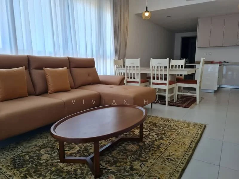 Living features: L-shape sectional sofa in beige, orange accent pillows, wood coffee table, area rug with geometric pattern, floor-to-ceiling windows with sheer curtains, pendant light, dining table with white chairs, open kitchen area with cabinetry; style: modern.