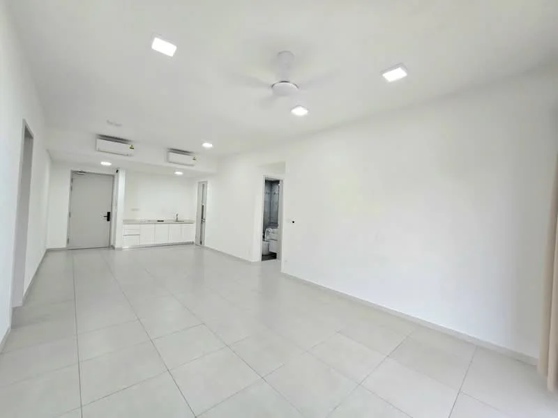 Living features: white painted walls, tile flooring, 5-blade ceiling fan with light, recessed LED downlights, floor-to-ceiling windows, sliding glass door, neutral curtains, open layout; style: modern.