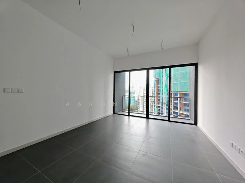 Living features: white painted walls, grey tile flooring, floor-to-ceiling windows, sliding glass door, balcony access, recessed ceiling lights, minimalist design, open layout; style: modern; view: city.