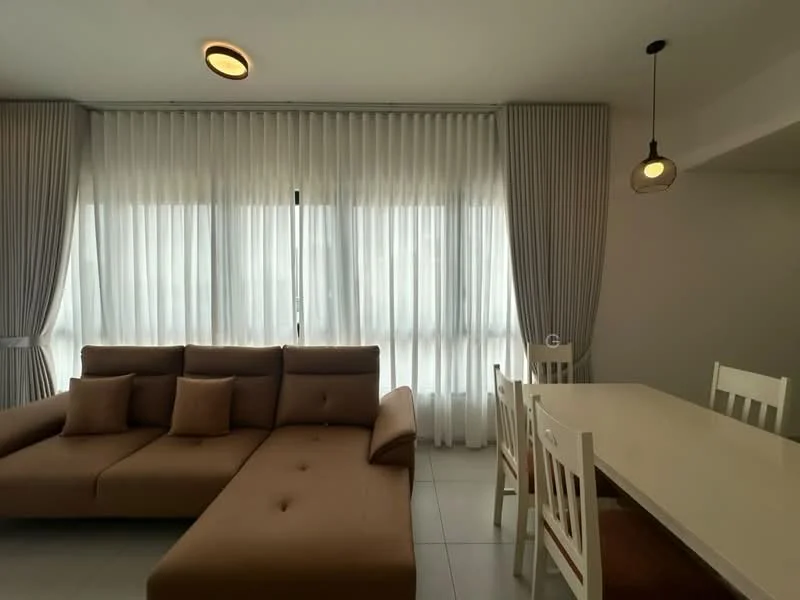 Living features: L-shape sectional sofa in beige, decorative cushions, white dining table, 4 white dining chairs, floor-to-ceiling windows, sheer curtains, recessed ceiling light, light pendant, tile flooring; style: modern.