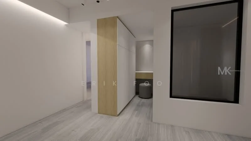 Room features: white painted walls, light wood cabinetry, grey laminate flooring, recessed downlights, large window, minimalist design, open layout; style: modern.