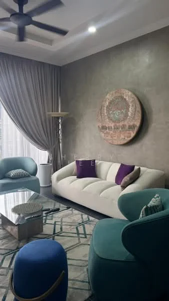 Living features: 3-seater fabric sofa in cream, 2 accent chairs in teal, glass coffee table, area rug with geometric pattern, floor-to-ceiling windows with sheer curtains, ceiling fan with light, decorative wall art, wall with textured finish, decorative floor lamp; style: modern; view: city.