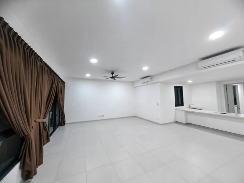 Living features: white painted walls, tile flooring, 5-blade ceiling fan with light, recessed LED downlights, floor-to-ceiling windows, brown curtains, air conditioning unit, open layout to kitchen; style: modern.