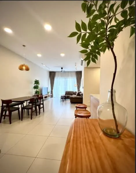 Living features: white painted walls, tile flooring, recessed downlights, pendant light, floor-to-ceiling windows, curtains, sofa in brown, wooden dining table, 4 dining chairs, decorative plant, wooden console table, glass vase; style: modern; view: garden.