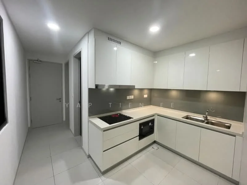 Kitchen features: white glossy cabinetry, grey backsplash, white countertop, built-in electric cooktop, stainless-steel sink, chrome pull-down faucet, recessed LED downlights, tile flooring, wall-mounted cabinets, open shelving, single-bowl sink; style: modern.