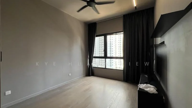 Room features: grey painted walls, wooden flooring, floor-to-ceiling windows, blackout curtains, 5-blade ceiling fan with light, wall-mounted TV console, decorative wall panel, minimalist decor; style: modern; view: city.