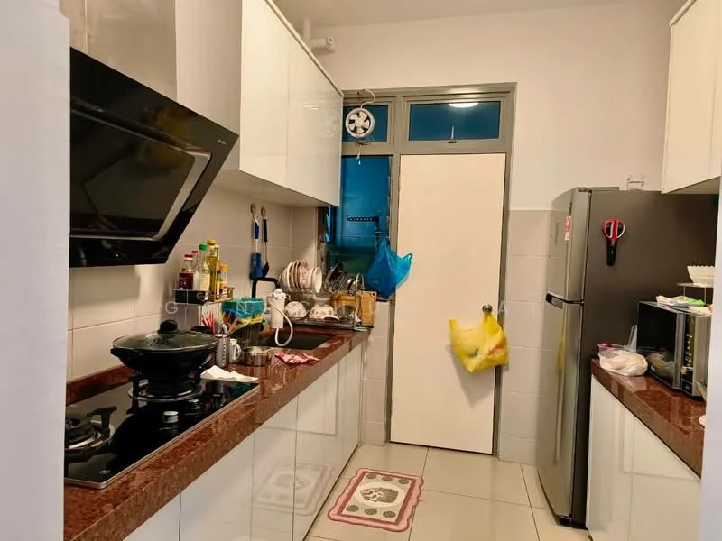 Kitchen features: white cabinetry, brown granite countertop, stainless-steel fridge, built-in oven, 4-burner gas hob, black exhaust hood, microwave, ceramic tile flooring, wall-mounted fan, sink, various kitchen utensils and dishes, door leading to outside; style: modern.