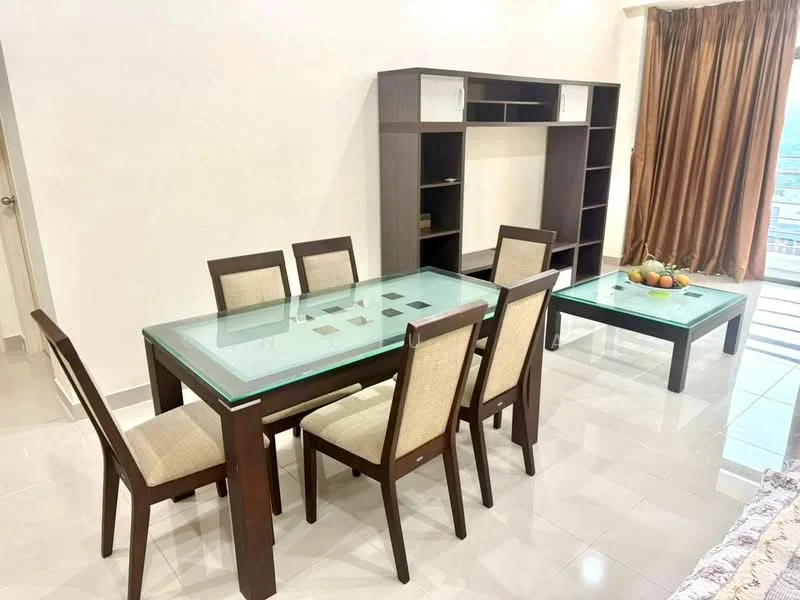 Dining features: glass-top dining table, 6-seater dining table, dark wood dining chairs with beige upholstery, sideboard with open shelving, floor-to-ceiling windows, curtains in brown, polished ceramic tile flooring, decorative fruit bowl on table; style: modern; view: city.