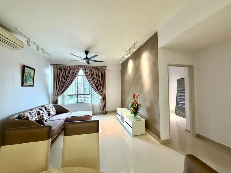 Living features: 3-seater fabric sofa in beige with floral cushions, L-shape sectional sofa, coffee table, TV console, wall-mounted TV, area rug, 5-blade ceiling fan with light, floor-to-ceiling windows, sheer curtains, cream painted walls, polished ceramic tile flooring, decorative flower arrangement; style: modern; view: city. Room features: doorway leading to another room, light-colored walls, neutral decor.