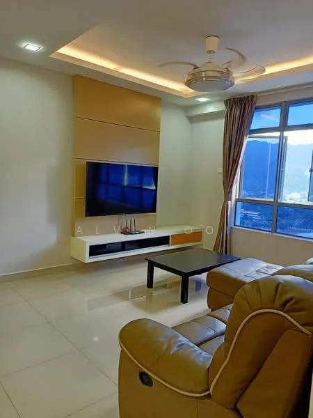 Living features: cream leather sofa, black coffee table, wall-mounted TV, light wood TV console, recessed ceiling lights, 5-blade ceiling fan with light, floor-to-ceiling windows, curtains, glossy tile flooring, neutral painted walls; style: modern; view: city.