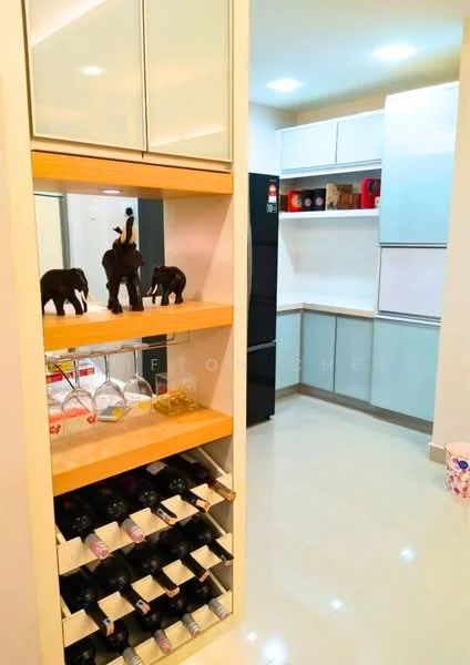 Kitchen features: white cabinetry, glass-front upper cabinets, wooden countertop, wine rack with bottles, decorative elephant figurines, black refrigerator, open shelving, ceramic tile flooring, recessed downlights; style: modern.