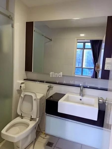 Bathroom features: white tiled walls, white ceramic floor tiles, single-sink vanity with wood cabinet, chrome basin mixer faucet, framed mirror, one-piece toilet, glass shower enclosure, window with sheer curtains; style: modern.