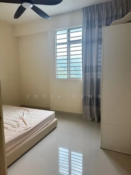 Bedroom features: single bed frame, mattress without bedding, floor-to-ceiling window, grey curtains, white walls, glossy tile flooring, ceiling fan, built-in wardrobe; style: modern; view: city.