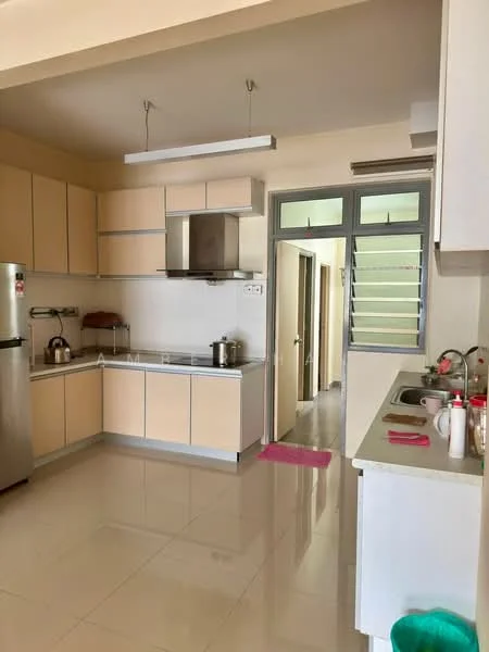 Kitchen features: light wood cabinetry, stainless-steel fridge, built-in oven, stainless-steel range hood, 4-burner gas hob, white countertop, double-bowl stainless-steel sink, ceramic tile flooring, recessed downlights, window with glass panes, kitchen utensils on countertop, pink mat on floor; style: modern. Hallway features: doorway leading to hallway, light-colored walls, ceramic tile flooring.