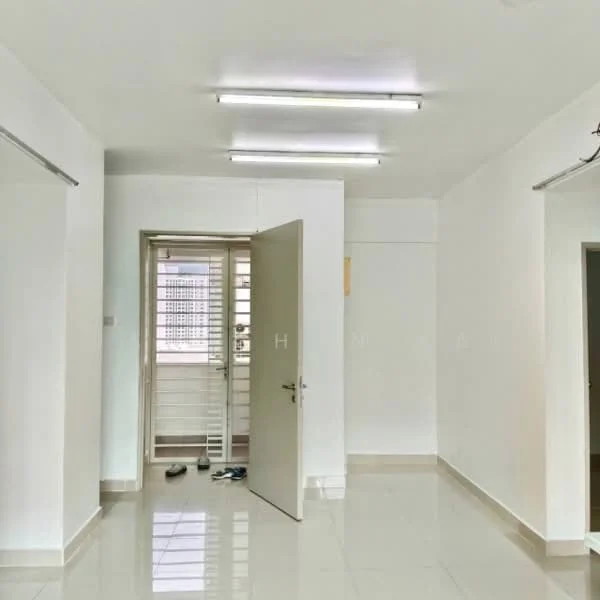 Room features: white painted walls, glossy tile flooring, fluorescent ceiling lights, metal door, sliding window, neutral decor; style: modern; view: city.