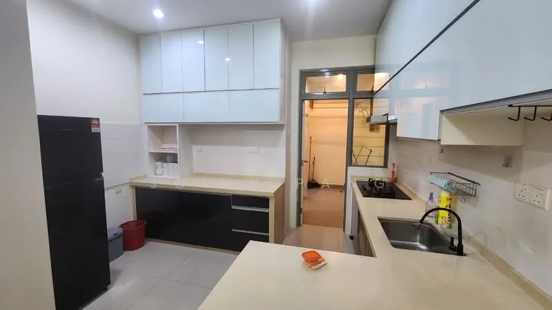 Kitchen features: white upper cabinets with glass doors, black lower cabinets, beige countertop, stainless-steel sink, chrome pull-down faucet, built-in stove, refrigerator, wall-mounted shelving, tile flooring, neutral wall colour, open layout to adjacent room; style: modern.