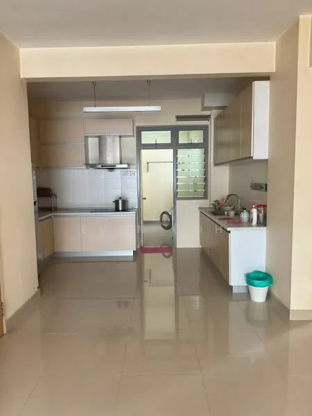 Kitchen features: light wood cabinetry, white countertops, stainless-steel sink, chrome pull-down faucet, built-in oven, freestanding range oven, microwave, ceramic tile flooring, recessed downlights, open shelving, window with view, kitchen island, pantry area; style: modern.