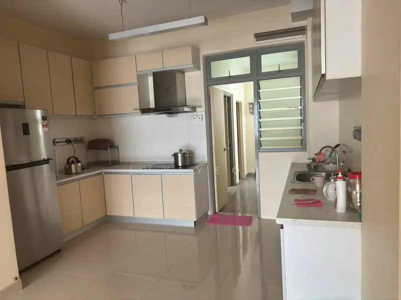 Kitchen features: light wood cabinetry, stainless-steel fridge, built-in oven, 4-burner gas hob, stainless-steel range hood, white tiled backsplash, double-bowl stainless-steel sink, countertop with overhang, ceramic tile flooring, recessed downlights, window with view to stairs, kettle, teapot, dish soap, pink mat; style: modern.