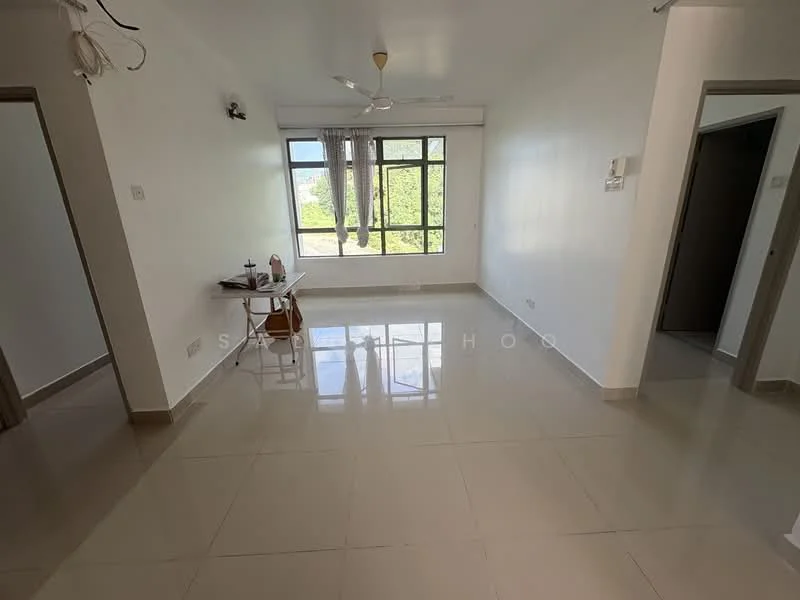 Room features: white painted walls, glossy ceramic tile flooring, 5-blade ceiling fan, large window with view, natural light, dining table with chairs, neutral color scheme, open layout; style: modern; view: garden.