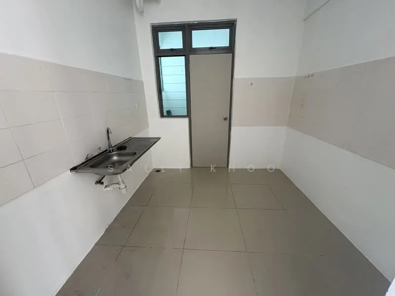 Kitchen features: single-bowl stainless-steel sink, chrome pull-down faucet, white tiled walls, cream tiled walls, grey floor tiles, window with glass panes, door to hallway, no cabinetry, no appliances, minimal decor; style: minimalist.