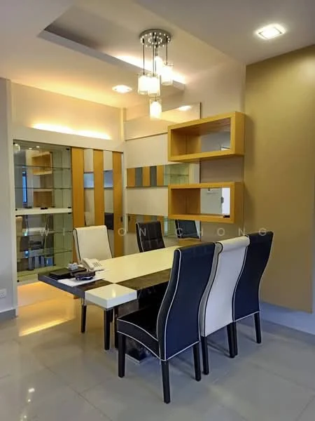 Dining features: 6-seater dining table with marble top, upholstered dining chairs in black and white, pendant light fixture with multiple bulbs, built-in shelving unit with wood finish, glass partition wall, cream painted walls, grey tiled flooring, recessed ceiling lights; style: modern.