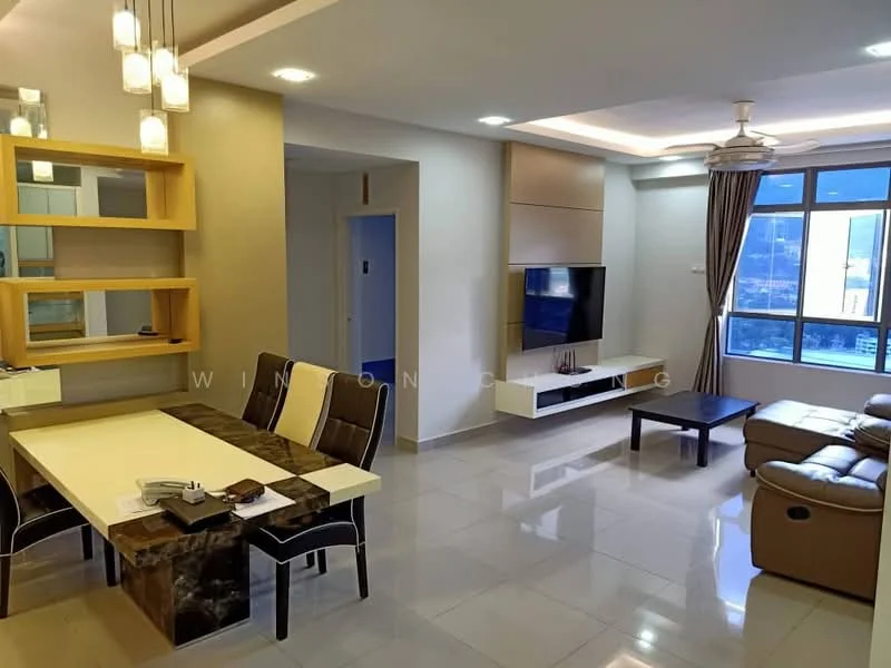 Living features: cream painted walls, white ceiling with recessed lighting, large floor-to-ceiling windows, grey tiled flooring, 3-seater brown leather sofa, coffee table with marble top, wall-mounted TV, entertainment unit with storage, dining table with 6 black chairs, decorative wall shelves, curtains, ceiling fan with light; style: modern; view: city.